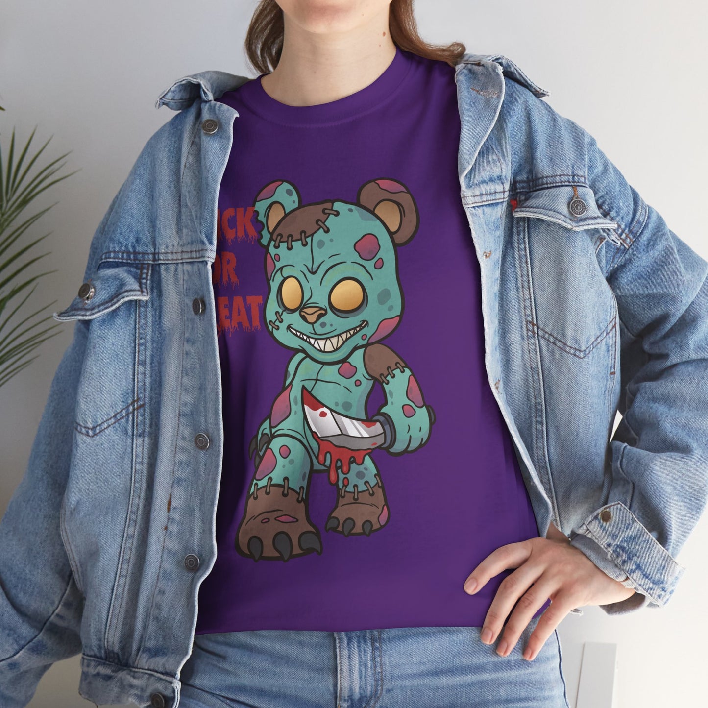 Halloween Unisex Tee with Stitched Zombie Bear Trick or Treat Design