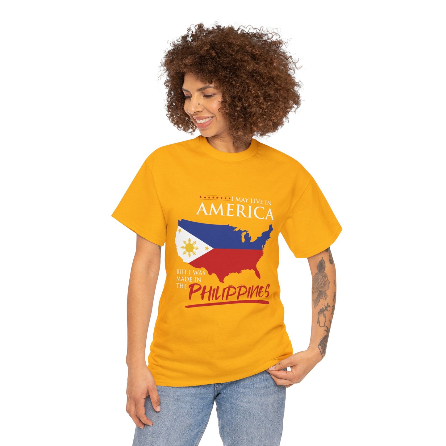 I may live in America but I was made in the Philippines (Gildan · 5000) Unisex Heavy Cotton Tee