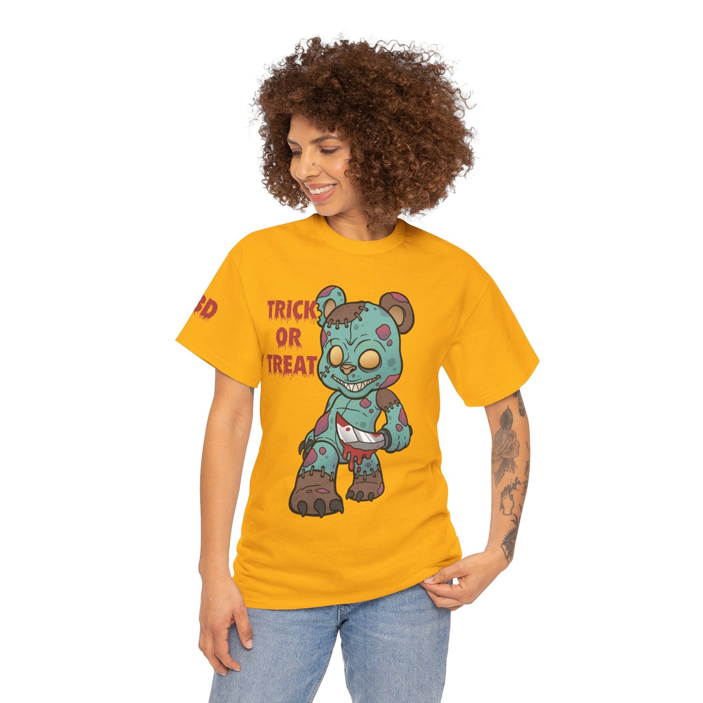 Halloween Unisex Tee with Stitched Zombie Bear Trick or Treat Design