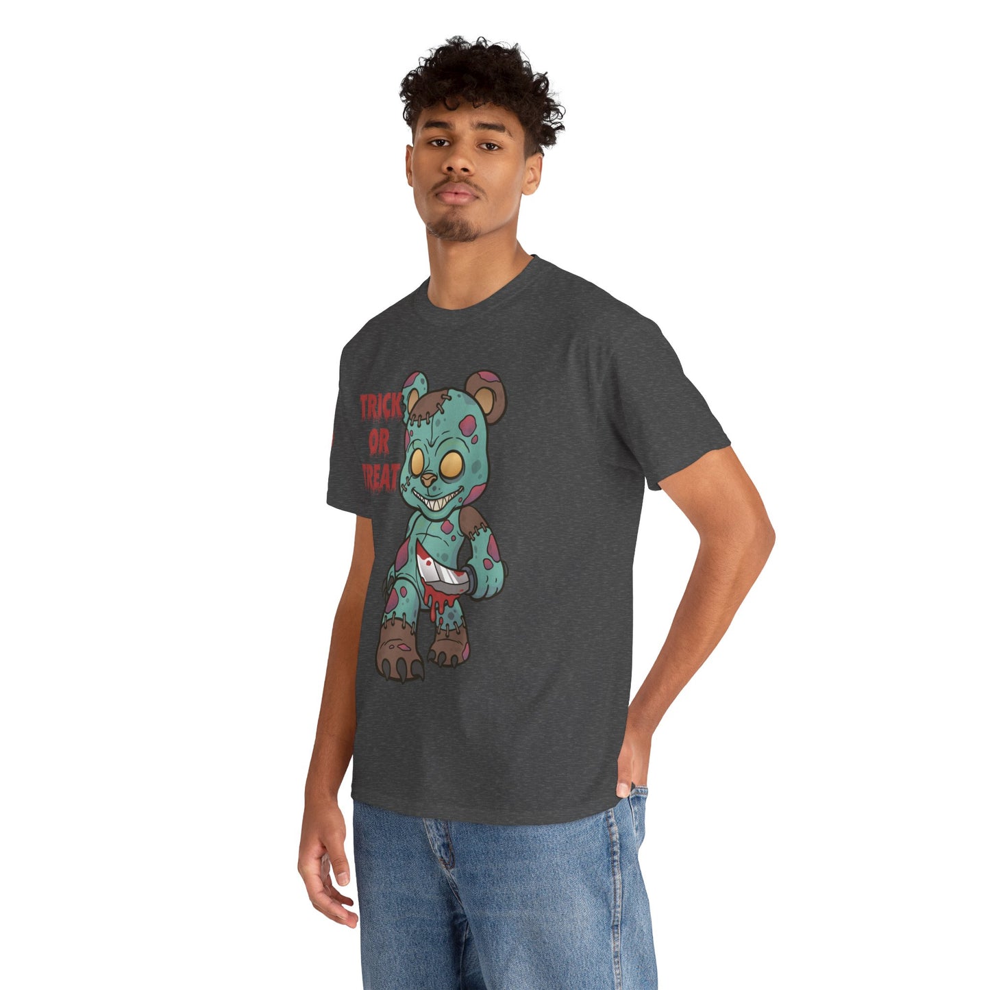 Halloween Unisex Tee with Stitched Zombie Bear Trick or Treat Design