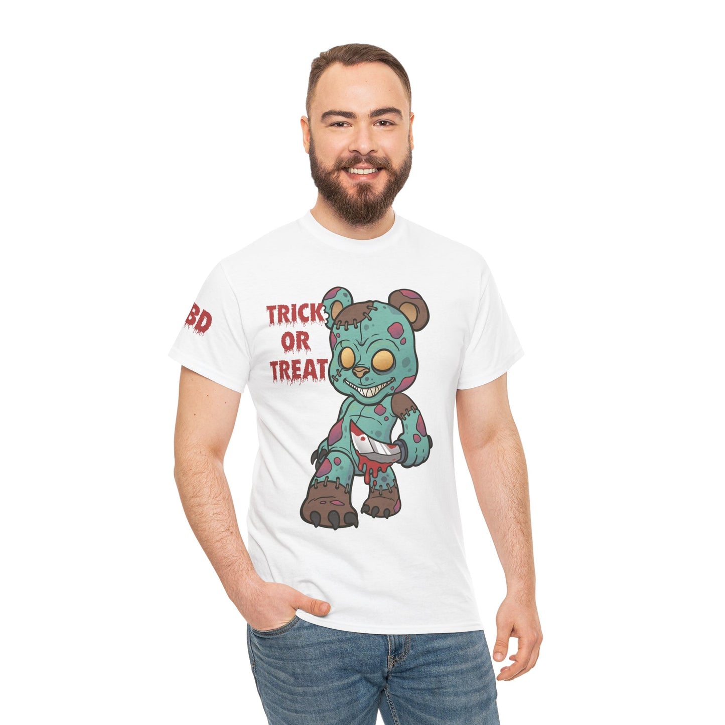 Halloween Unisex Tee with Stitched Zombie Bear Trick or Treat Design