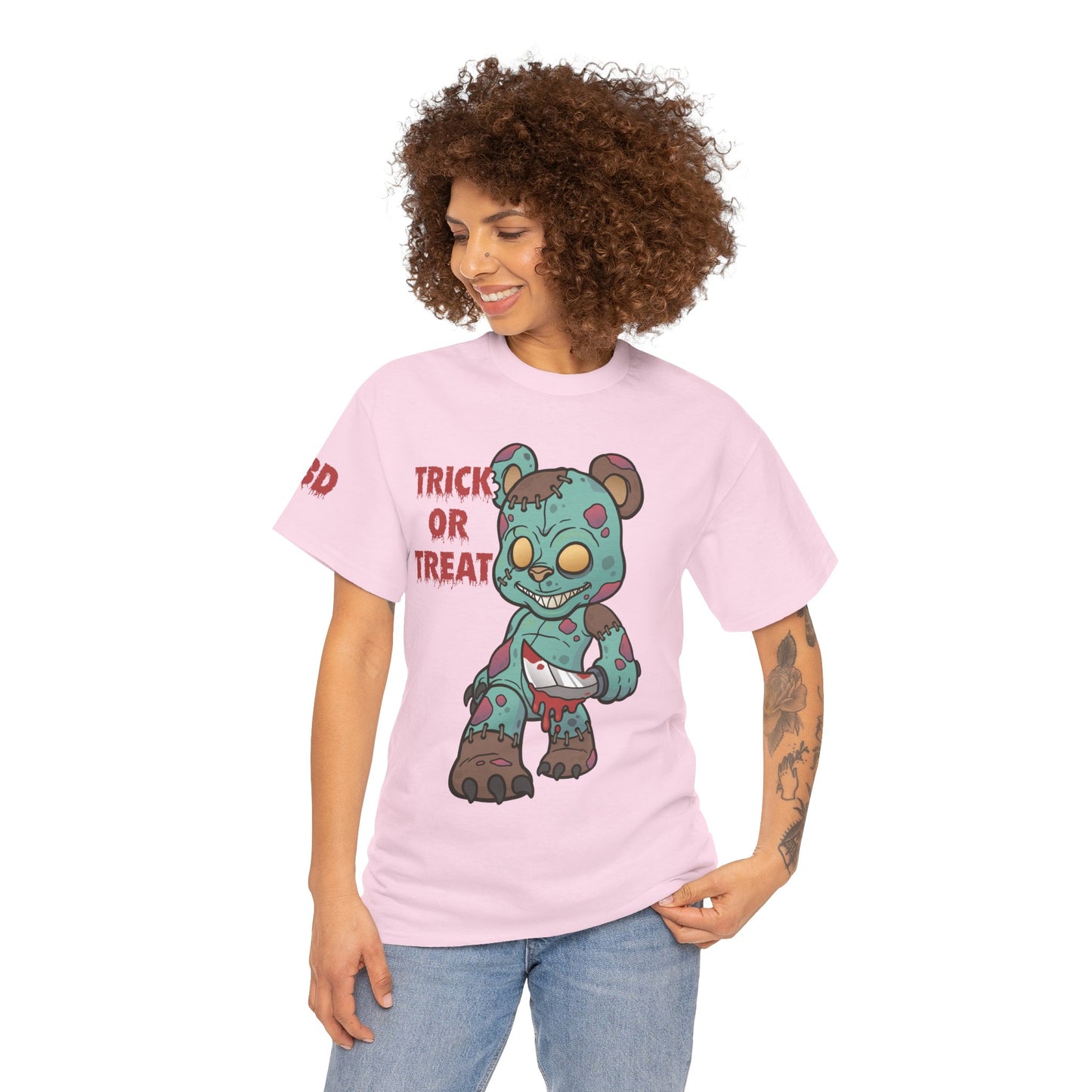 Halloween Unisex Tee with Stitched Zombie Bear Trick or Treat Design