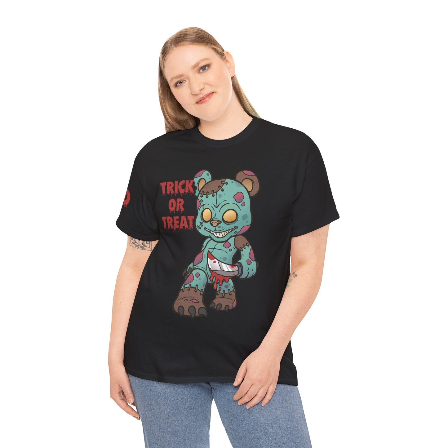 Halloween Unisex Tee with Stitched Zombie Bear Trick or Treat Design